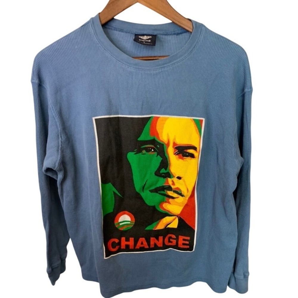 2008 Mens Barak Obama CHANGE Thermal Long Sleeve Blue Campaign Shirt Large